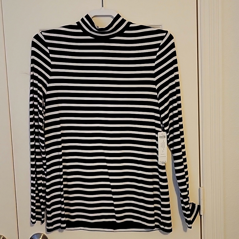 NWT'S CHICO'S Rayon Spandex Stripe Long Sleeve Basic Knit Top/ Mock Neck Size M